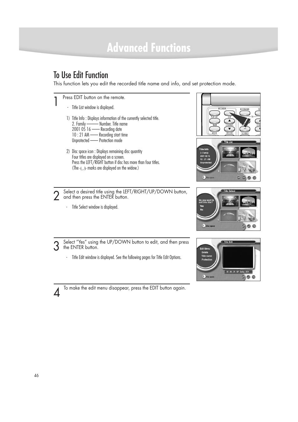 Advanced functions | Samsung DVD-R2000 User Manual | Page 46 / 65