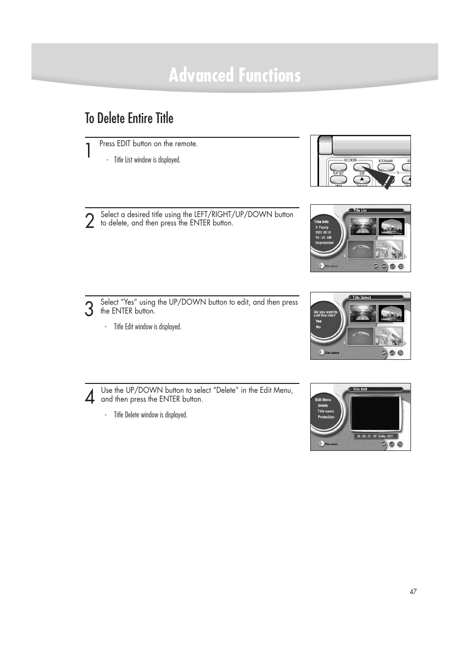 Advanced functions | Samsung DVD-R2000 User Manual | Page 47 / 65