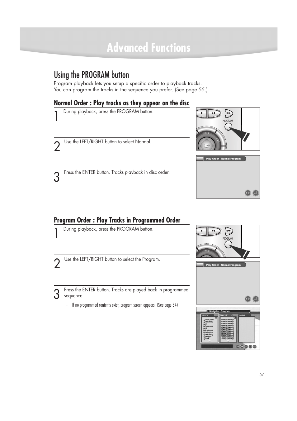 Advanced functions, Using the program button | Samsung DVD-R2000 User Manual | Page 57 / 65