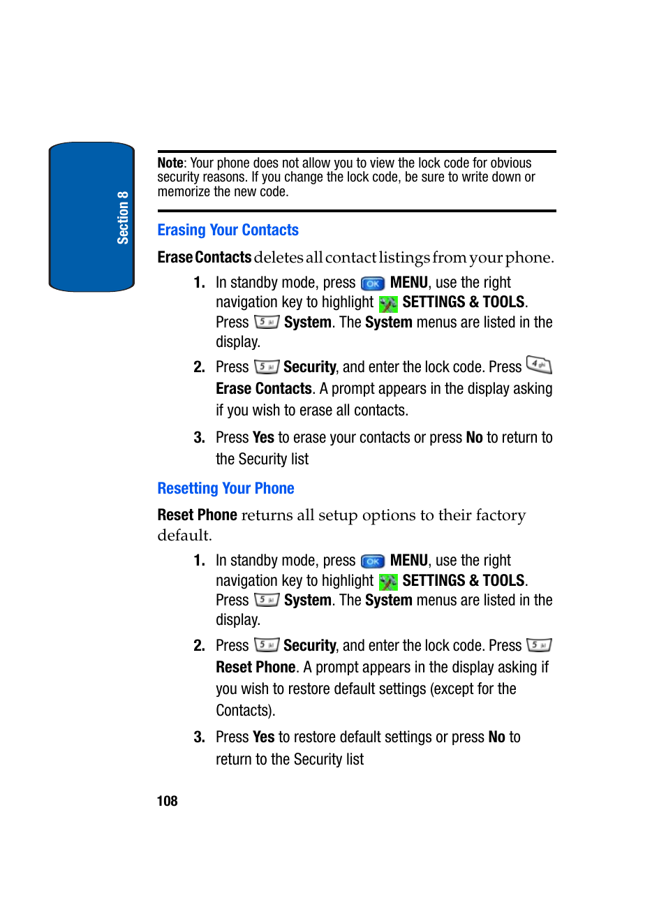 Erasing your contacts, Resetting your phone | Samsung SCH-A950WRVXAR User Manual | Page 108 / 200