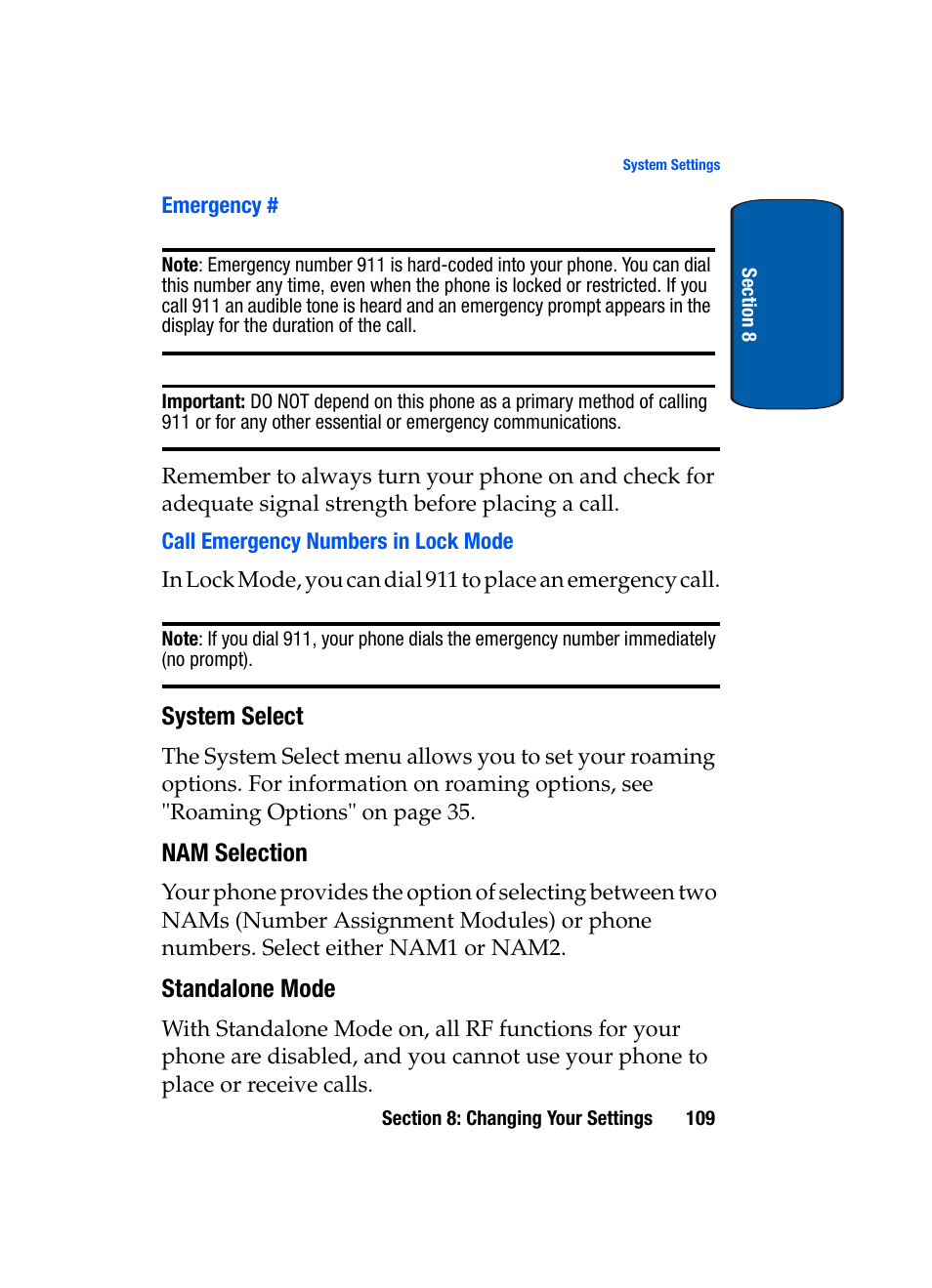 Emergency, Call emergency numbers in lock mode, System select | Nam selection, Standalone mode | Samsung SCH-A950WRVXAR User Manual | Page 109 / 200