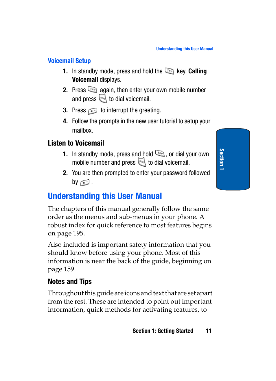 Voicemail setup, Listen to voicemail, Understanding this user manual | Notes and tips | Samsung SCH-A950WRVXAR User Manual | Page 11 / 200