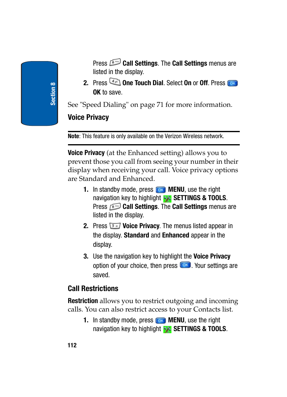 Voice privacy, Call restrictions | Samsung SCH-A950WRVXAR User Manual | Page 112 / 200