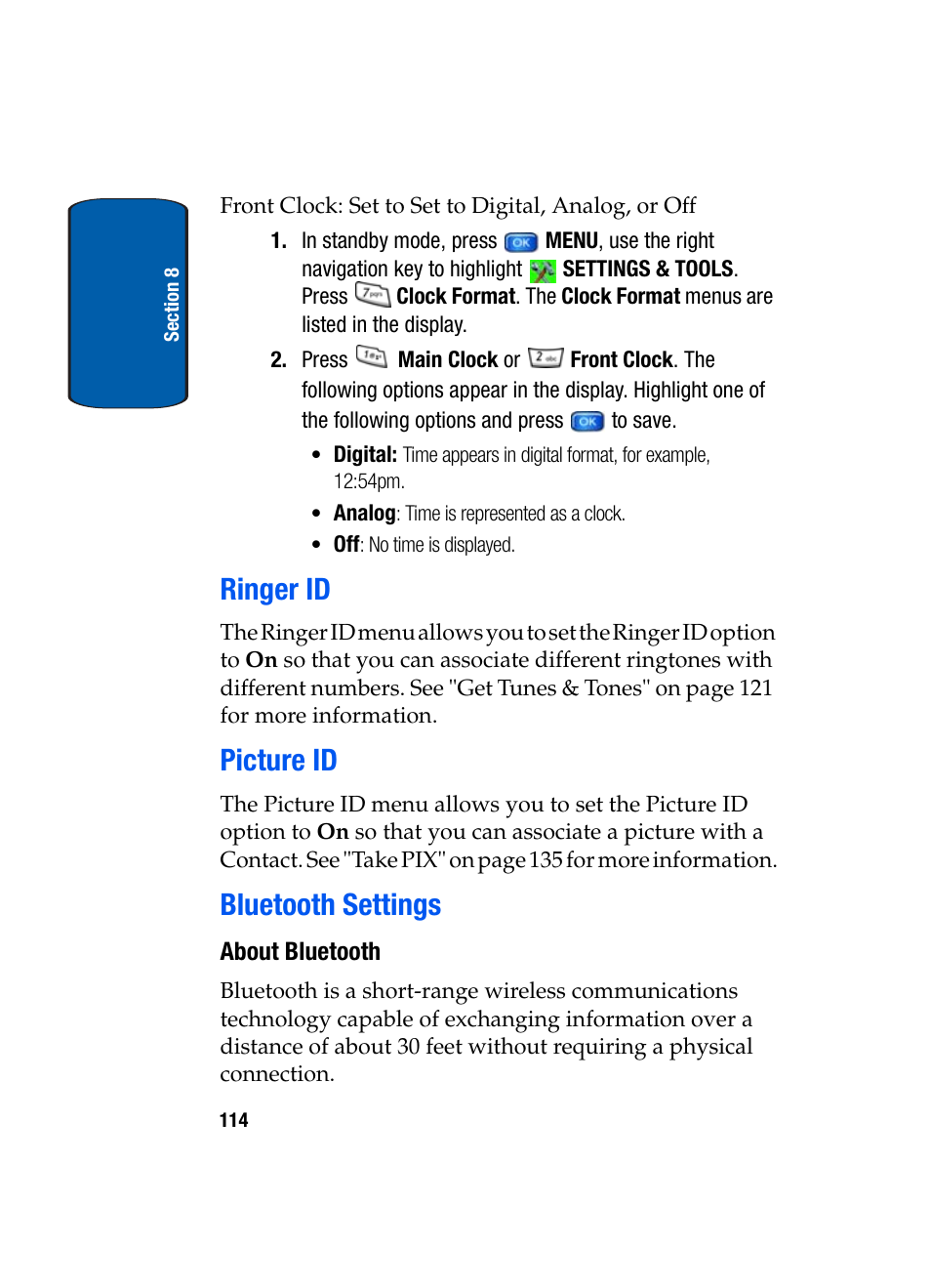 Ringer id, Picture id, Bluetooth settings | About bluetooth, Ringer id picture id bluetooth settings | Samsung SCH-A950WRVXAR User Manual | Page 114 / 200