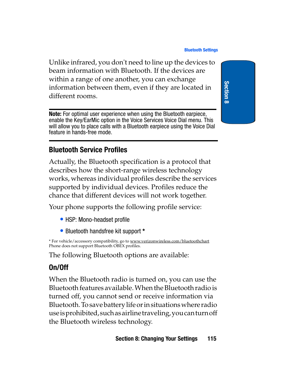 Bluetooth service profiles, On/off | Samsung SCH-A950WRVXAR User Manual | Page 115 / 200