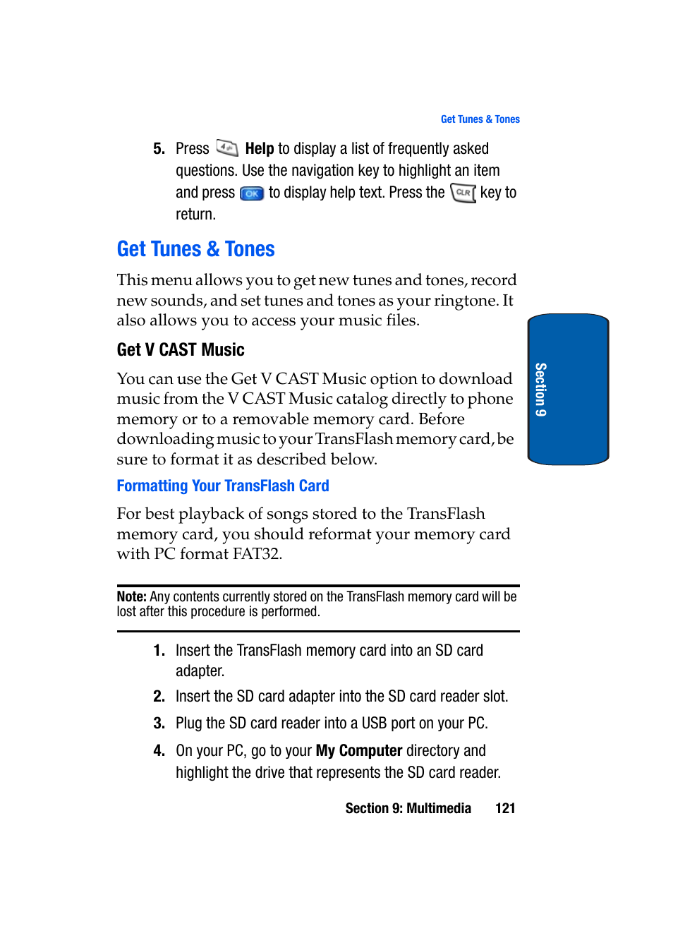 Get tunes & tones, Get v cast music, Formatting your transflash card | Samsung SCH-A950WRVXAR User Manual | Page 121 / 200