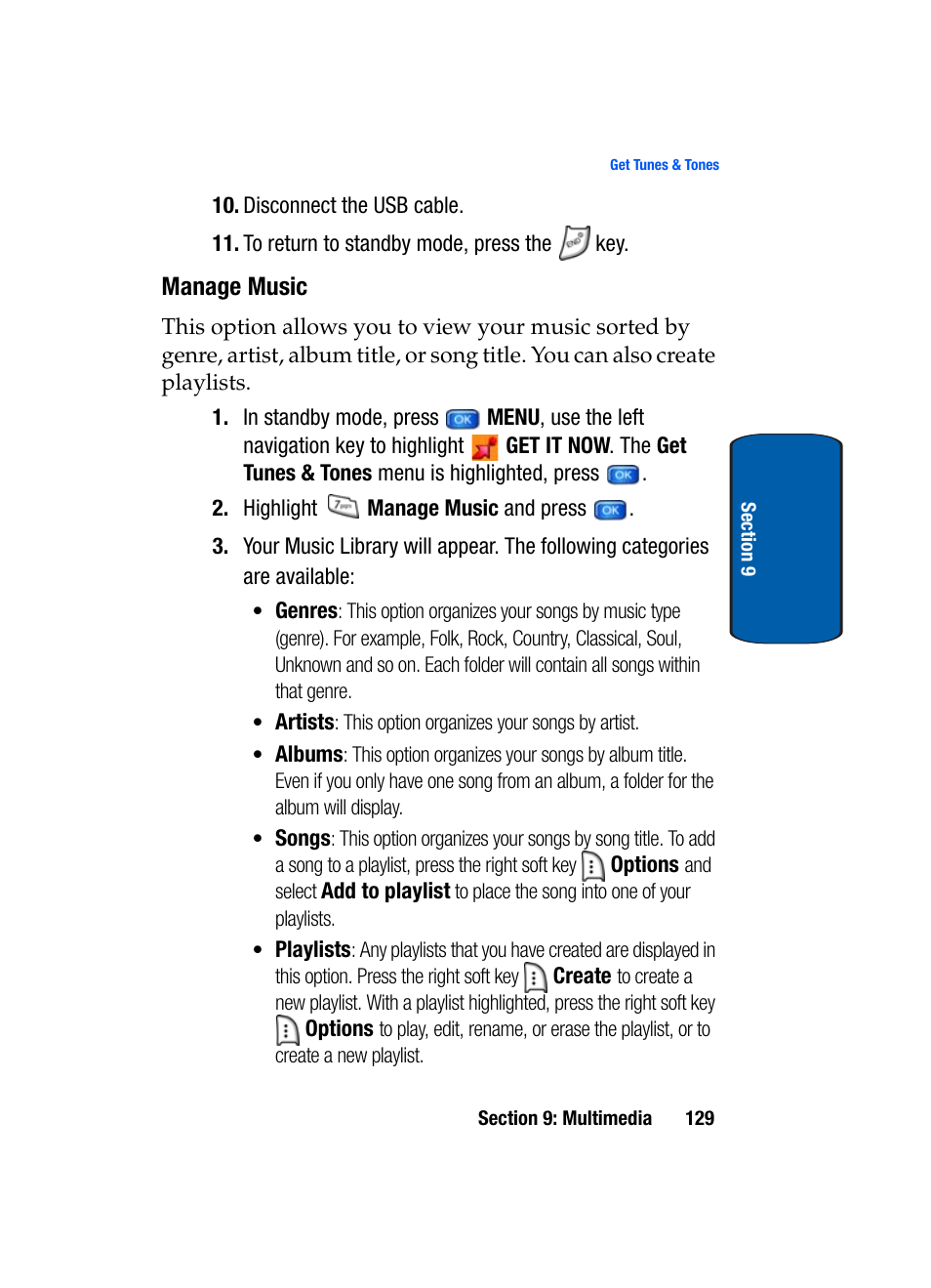 Manage music | Samsung SCH-A950WRVXAR User Manual | Page 129 / 200