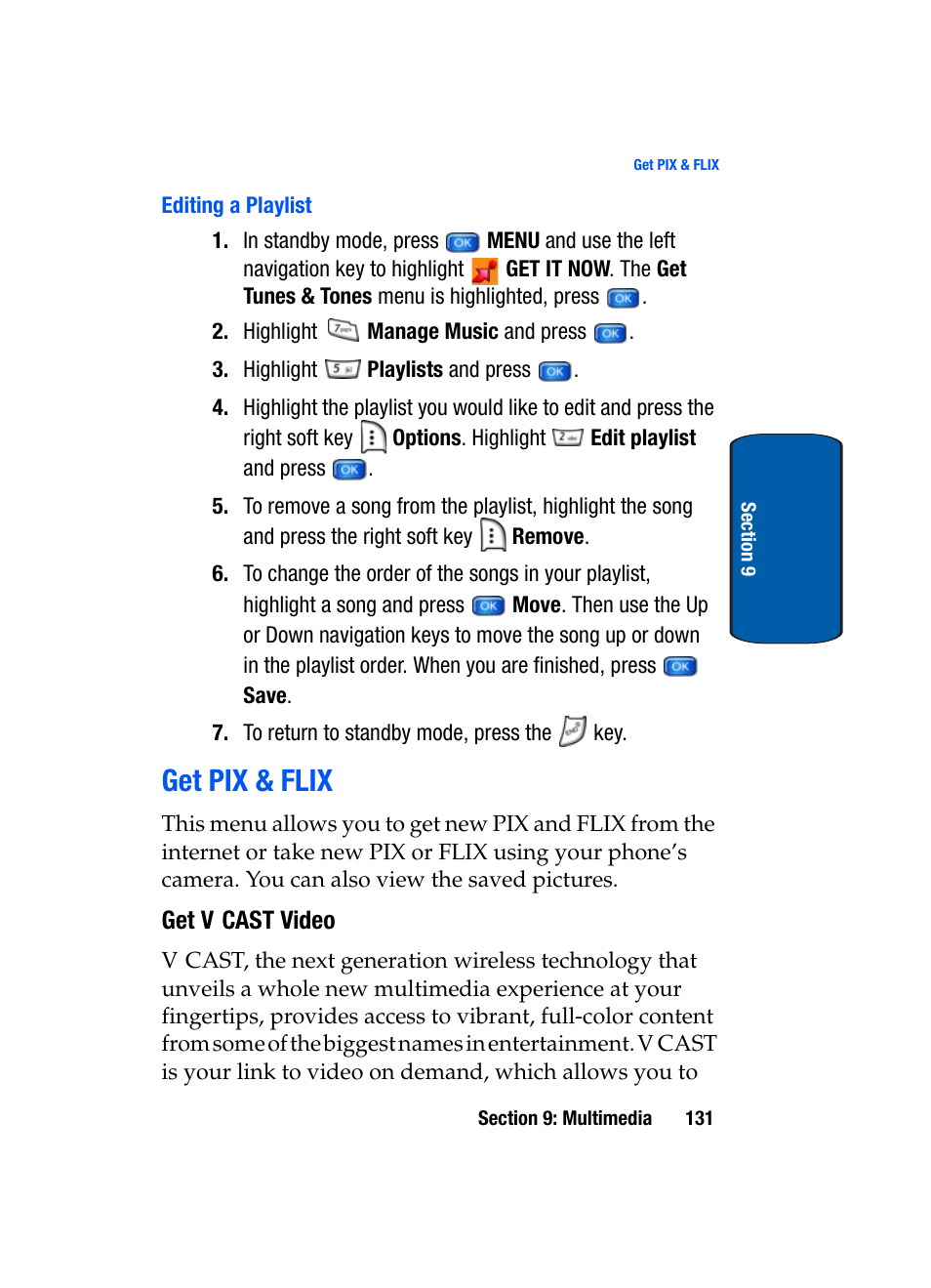 Editing a playlist, Get pix & flix, Get v cast video | Samsung SCH-A950WRVXAR User Manual | Page 131 / 200