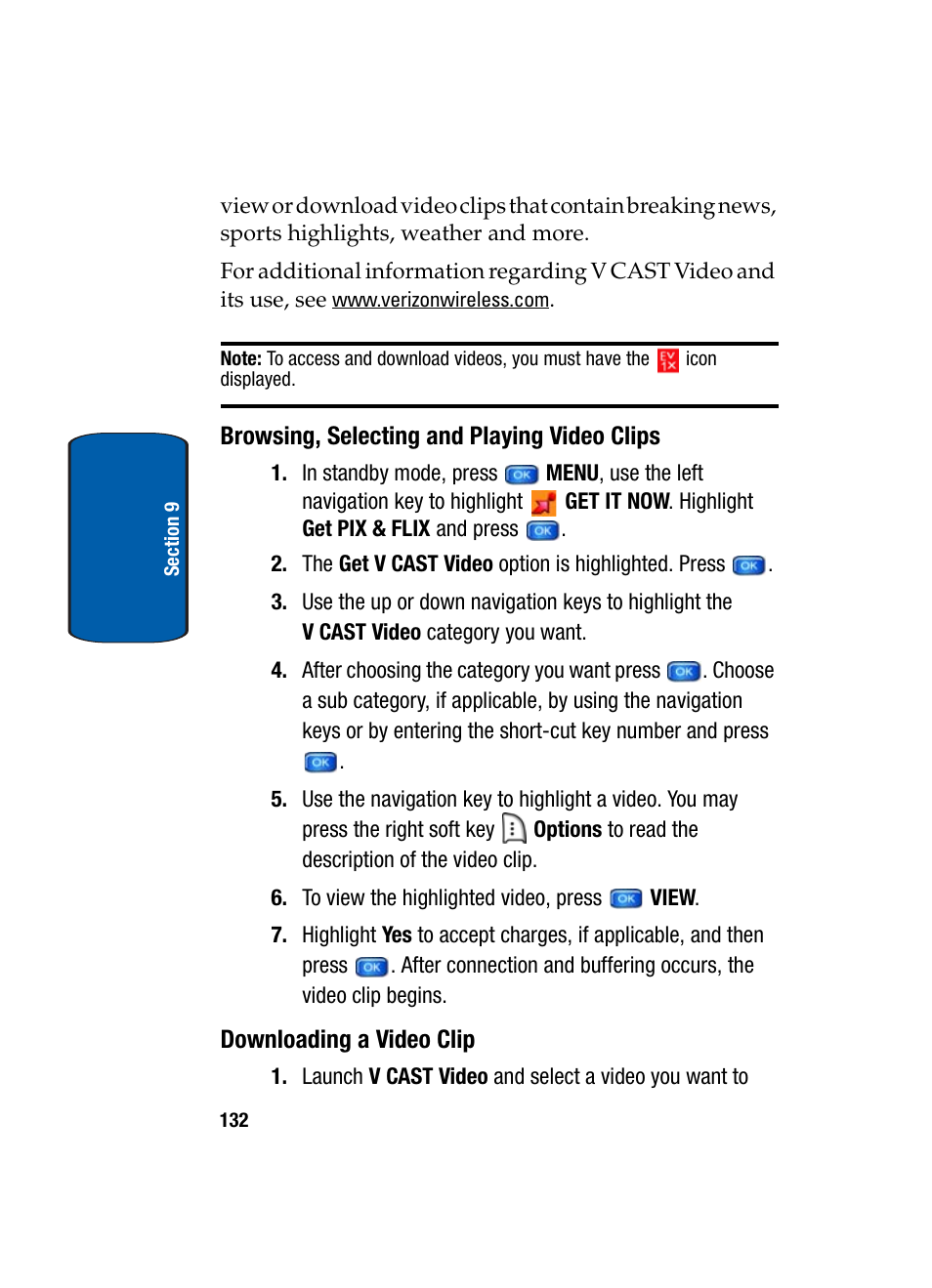 Browsing, selecting and playing video clips, Downloading a video clip | Samsung SCH-A950WRVXAR User Manual | Page 132 / 200