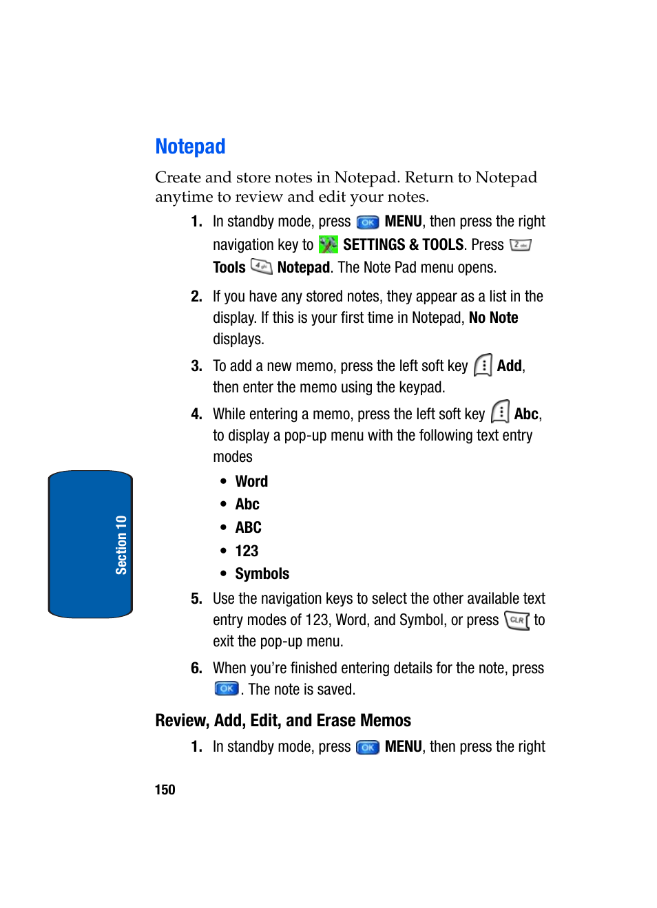 Notepad, Review, add, edit, and erase memos | Samsung SCH-A950WRVXAR User Manual | Page 150 / 200
