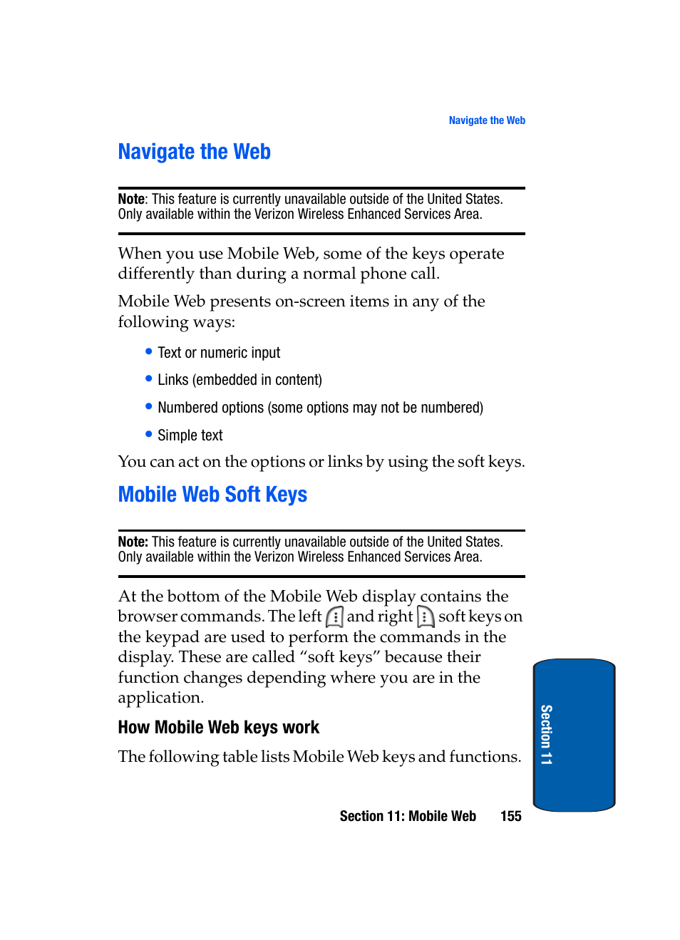 Navigate the web, Mobile web soft keys, How mobile web keys work | Navigate the web mobile web soft keys | Samsung SCH-A950WRVXAR User Manual | Page 155 / 200