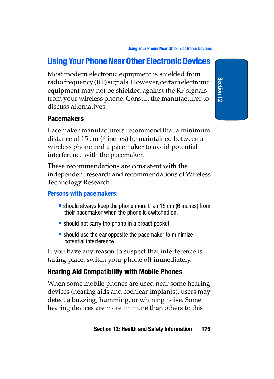 Using your phone near other electronic devices, Pacemakers, Persons with pacemakers | Hearing aid compatibility with mobile phones | Samsung SCH-A950WRVXAR User Manual | Page 175 / 200