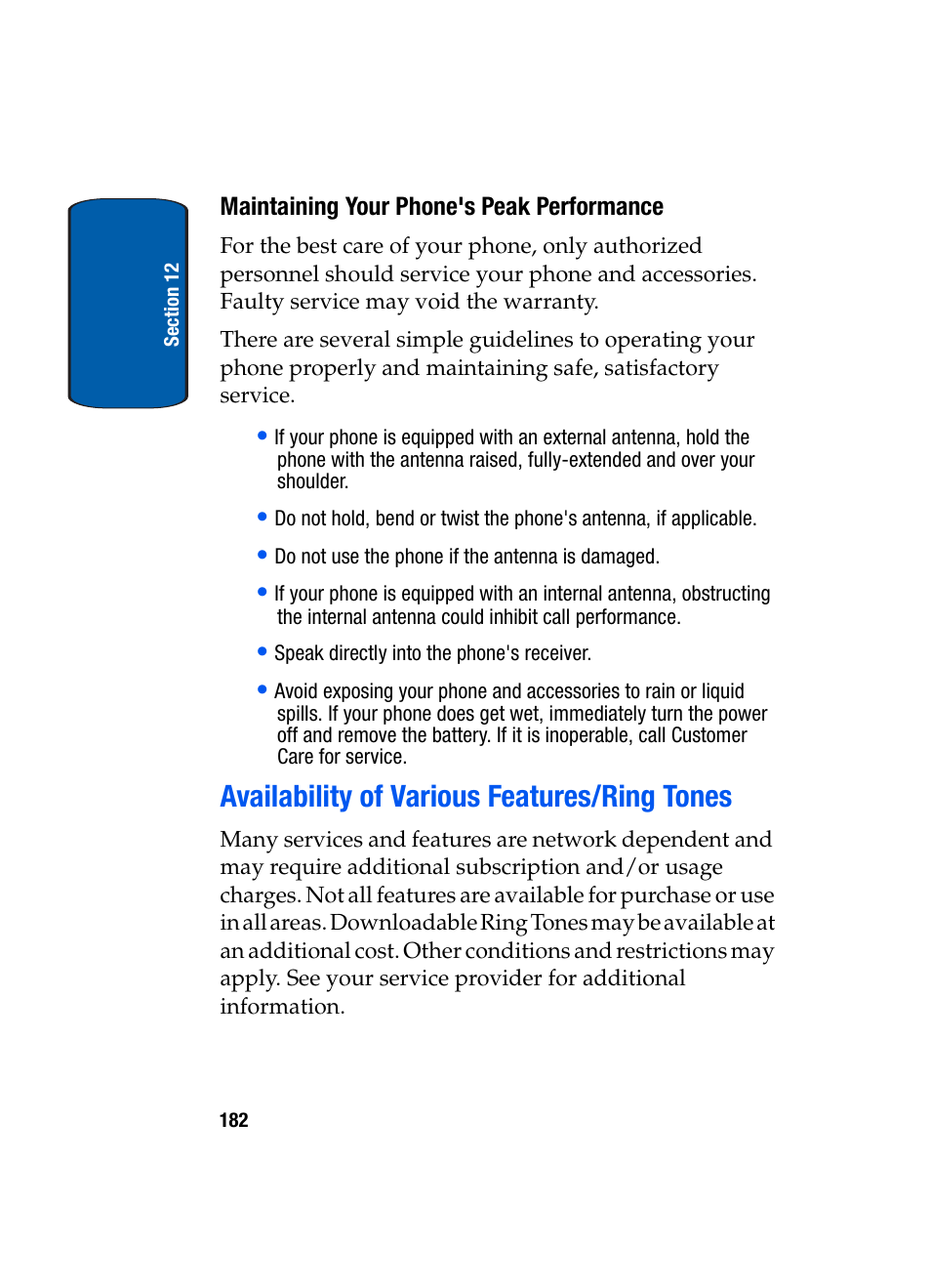 Maintaining your phone's peak performance, Availability of various features/ring tones | Samsung SCH-A950WRVXAR User Manual | Page 182 / 200