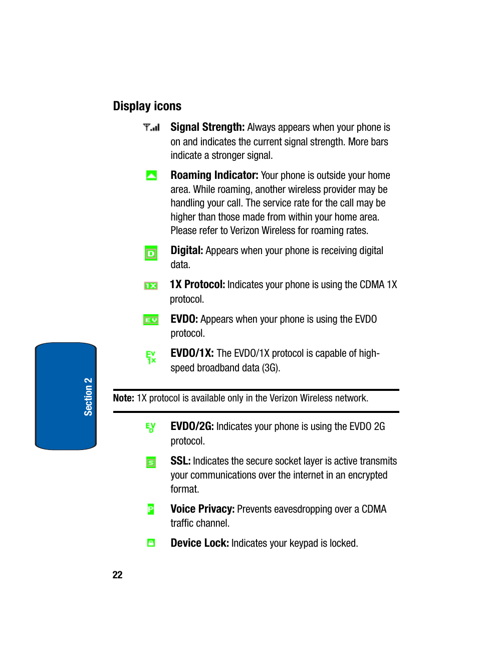 Display icons | Samsung SCH-A950WRVXAR User Manual | Page 22 / 200