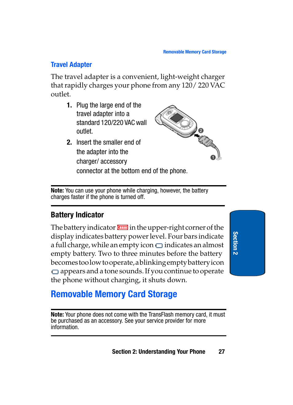 Travel adapter, Battery indicator, Removable memory card storage | Samsung SCH-A950WRVXAR User Manual | Page 27 / 200