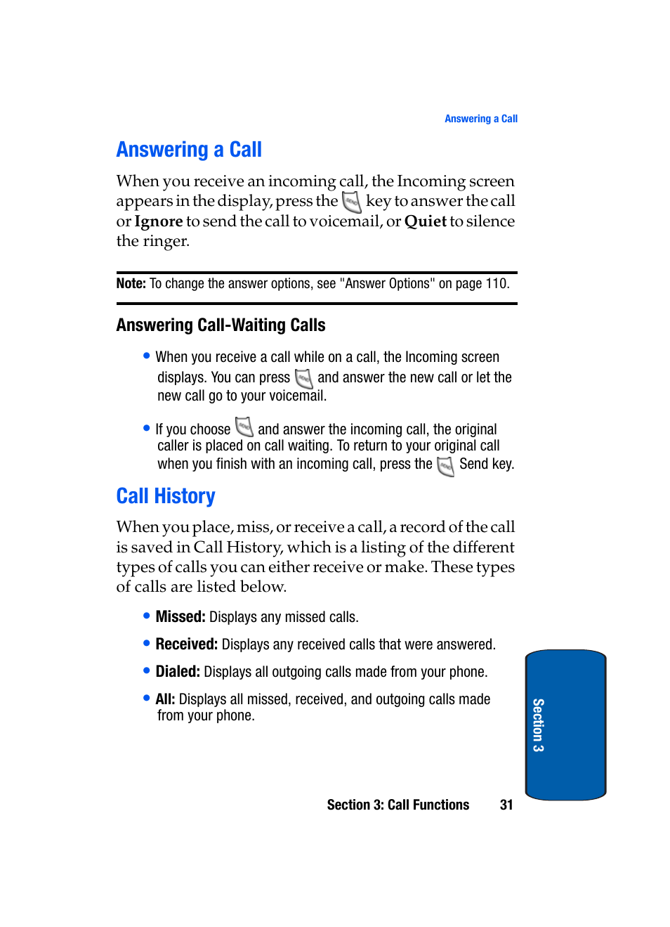 Answering a call, Answering call-waiting calls, Call history | Answering a call call history | Samsung SCH-A950WRVXAR User Manual | Page 31 / 200