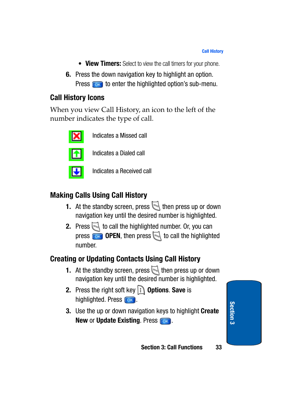 Call history icons, Making calls using call history, Creating or updating contacts using call history | Samsung SCH-A950WRVXAR User Manual | Page 33 / 200