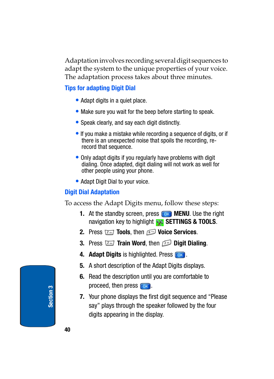 Tips for adapting digit dial, Digit dial adaptation | Samsung SCH-A950WRVXAR User Manual | Page 40 / 200