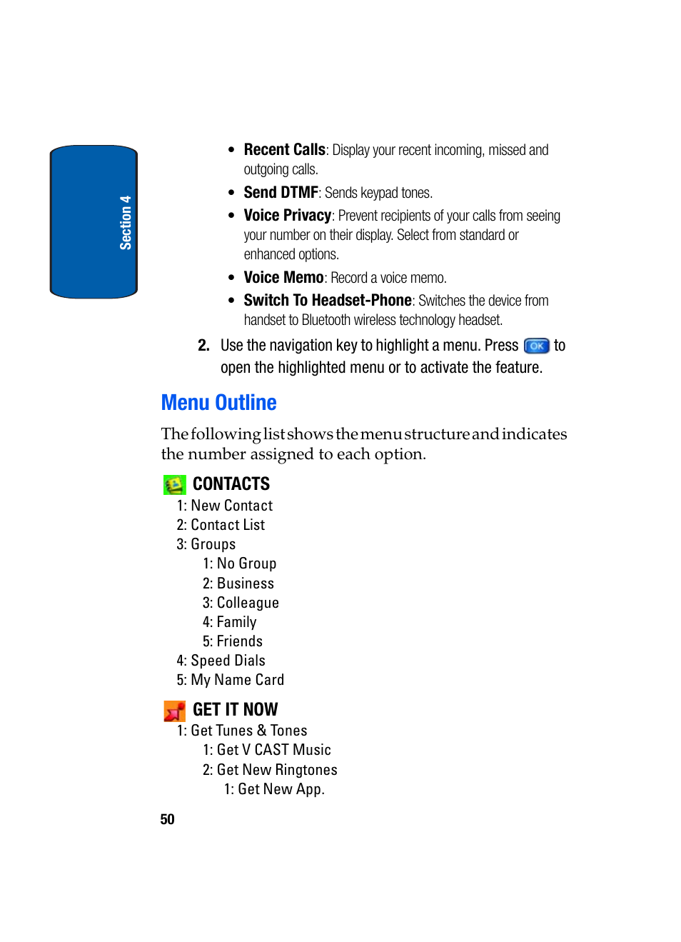 Menu outline, Contacts, Get it now | Samsung SCH-A950WRVXAR User Manual | Page 50 / 200