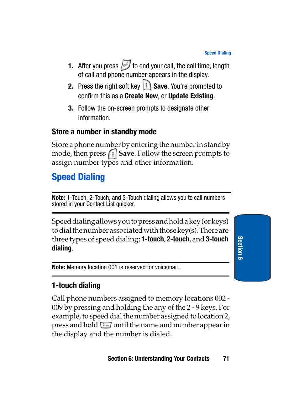 Store a number in standby mode, Speed dialing, Touch dialing | Samsung SCH-A950WRVXAR User Manual | Page 71 / 200