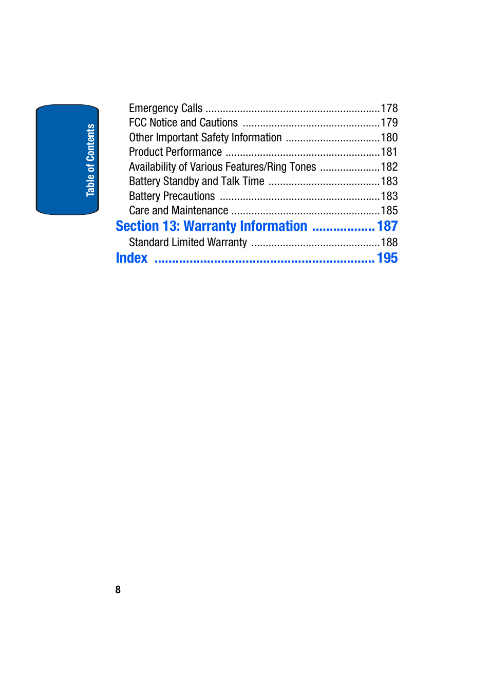 Index | Samsung SCH-A950WRVXAR User Manual | Page 8 / 200