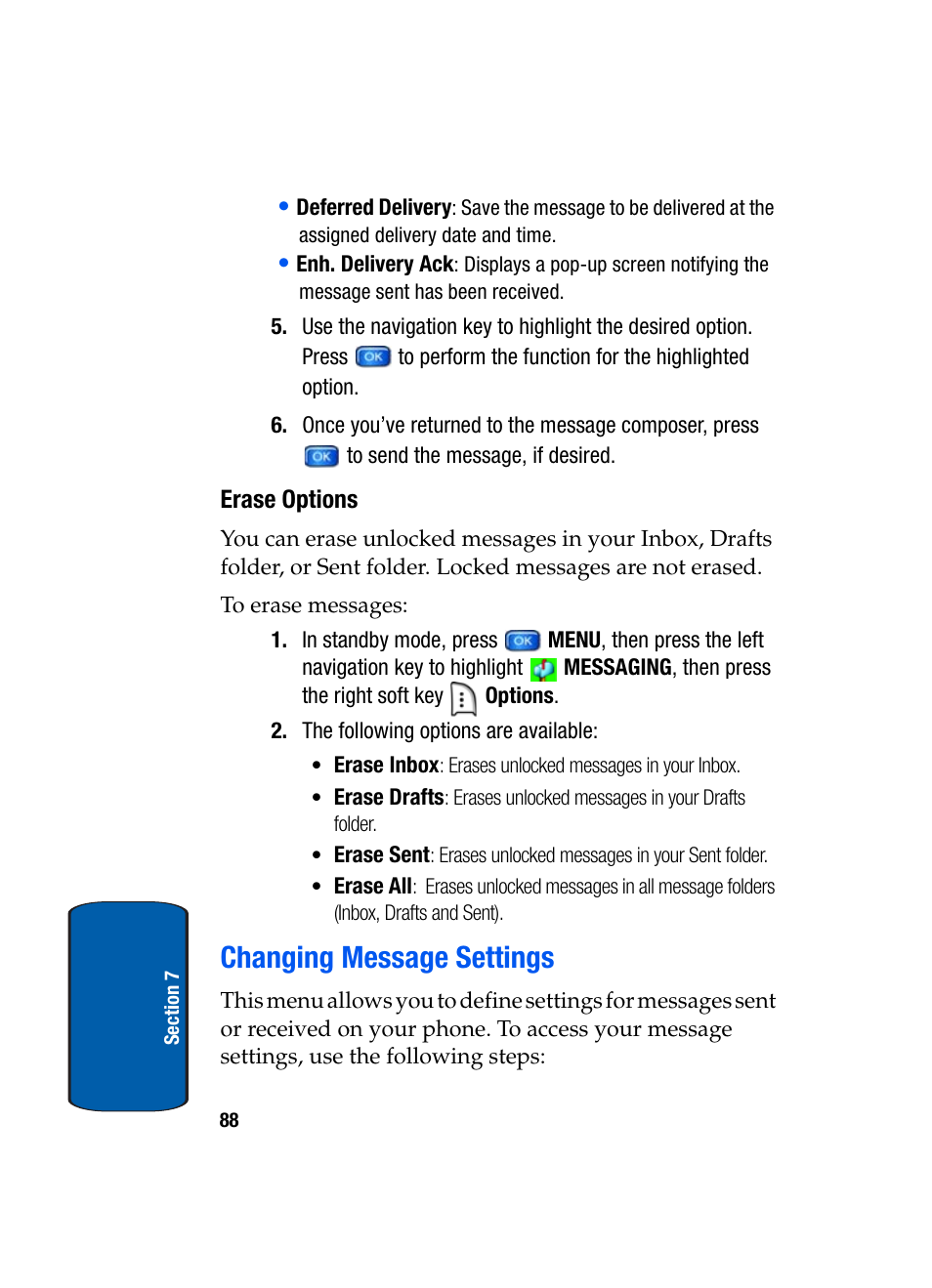 Erase options, Changing message settings | Samsung SCH-A950WRVXAR User Manual | Page 88 / 200