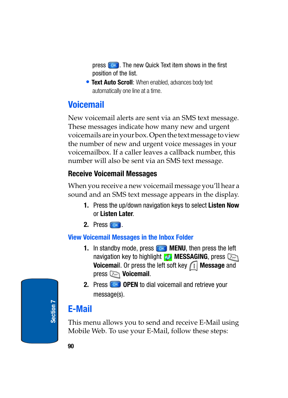 Voicemail, Receive voicemail messages, View voicemail messages in the inbox folder | E-mail, Voicemail e-mail | Samsung SCH-A950WRVXAR User Manual | Page 90 / 200