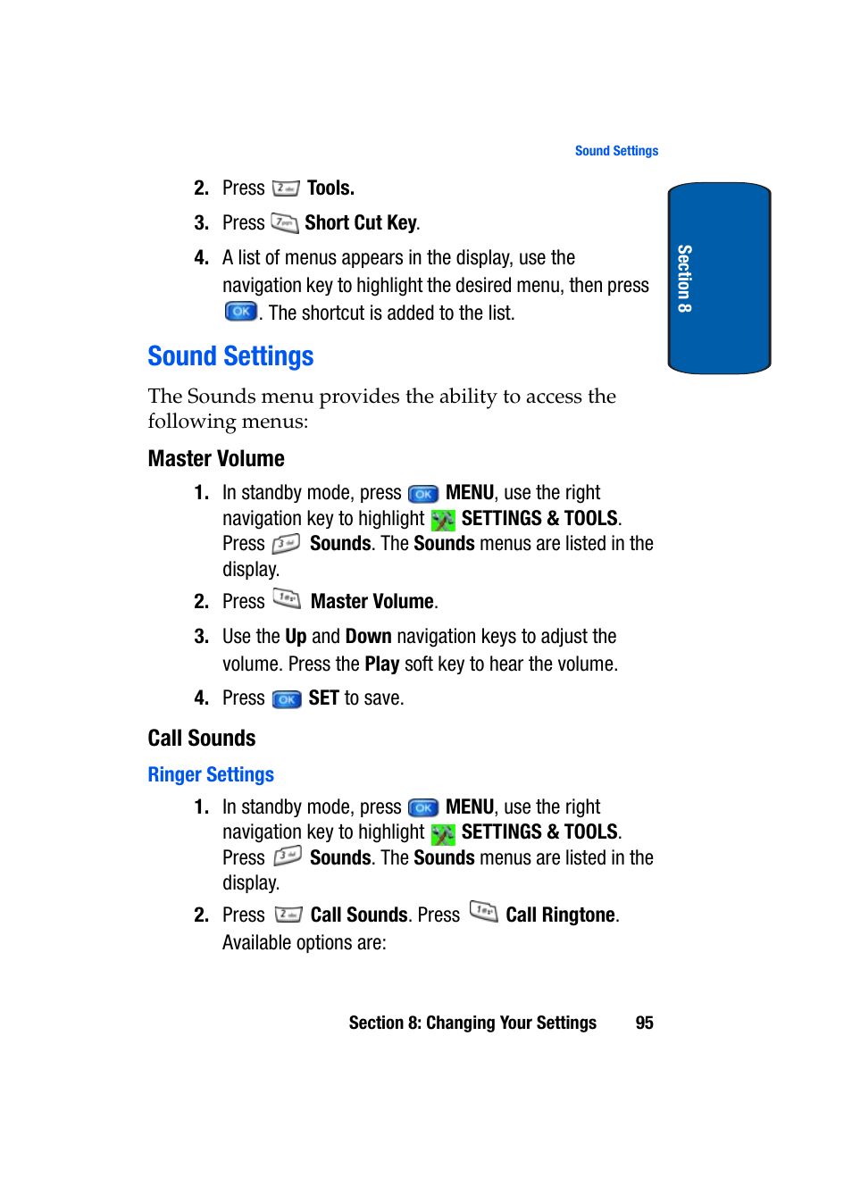 Sound settings, Master volume, Call sounds | Ringer settings | Samsung SCH-A950WRVXAR User Manual | Page 95 / 200