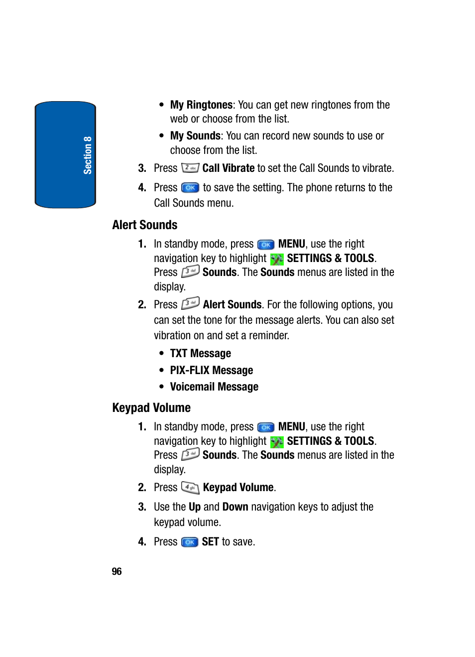 Alert sounds, Keypad volume | Samsung SCH-A950WRVXAR User Manual | Page 96 / 200