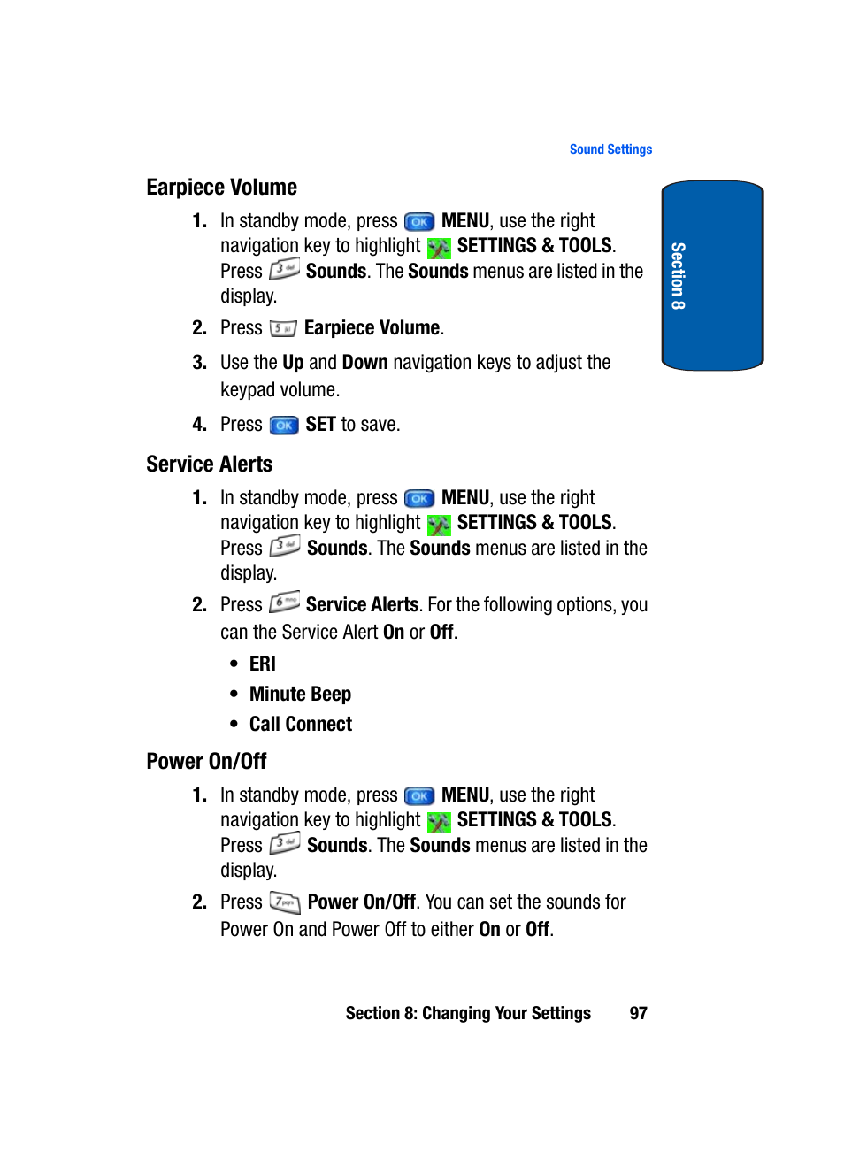 Earpiece volume, Service alerts, Power on/off | Samsung SCH-A950WRVXAR User Manual | Page 97 / 200