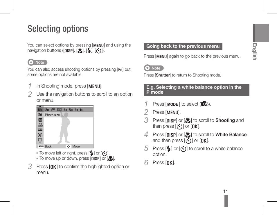 Selecting options | Samsung EC-PL80ZZBPSCA User Manual | Page 11 / 40