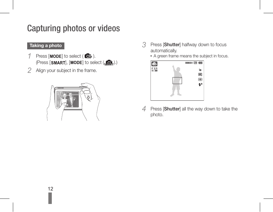 Capturing photos or videos | Samsung EC-PL80ZZBPSCA User Manual | Page 12 / 40