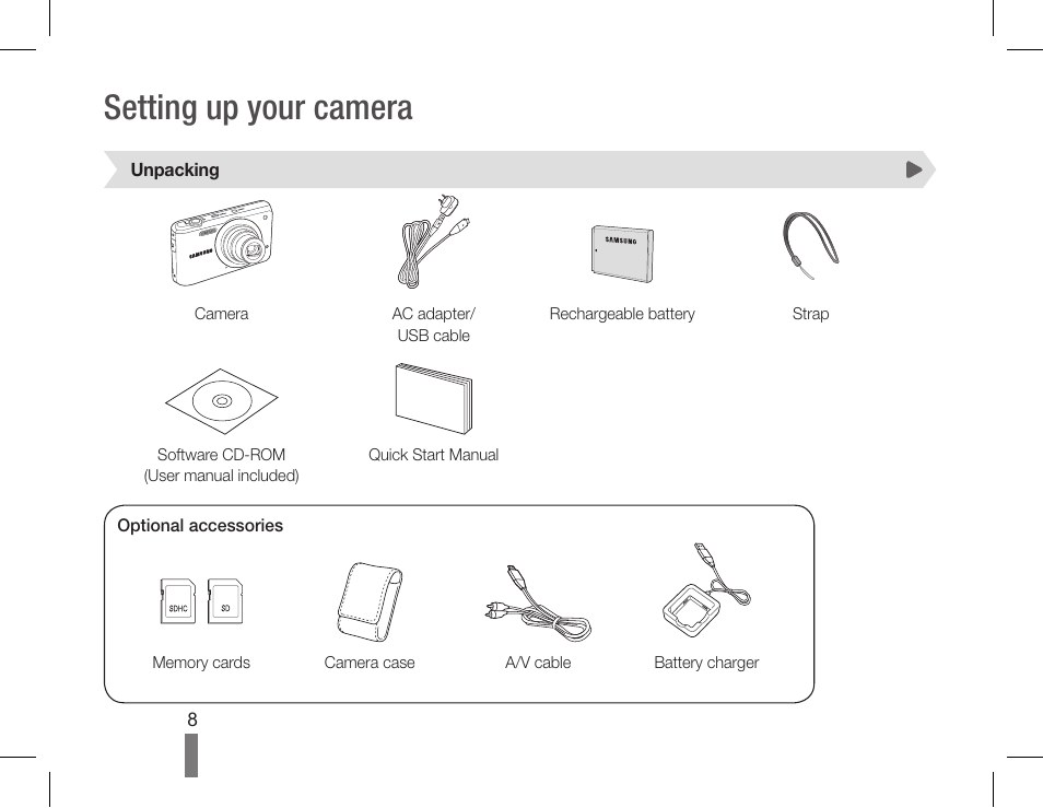 Setting up your camera | Samsung EC-PL80ZZBPSCA User Manual | Page 8 / 40