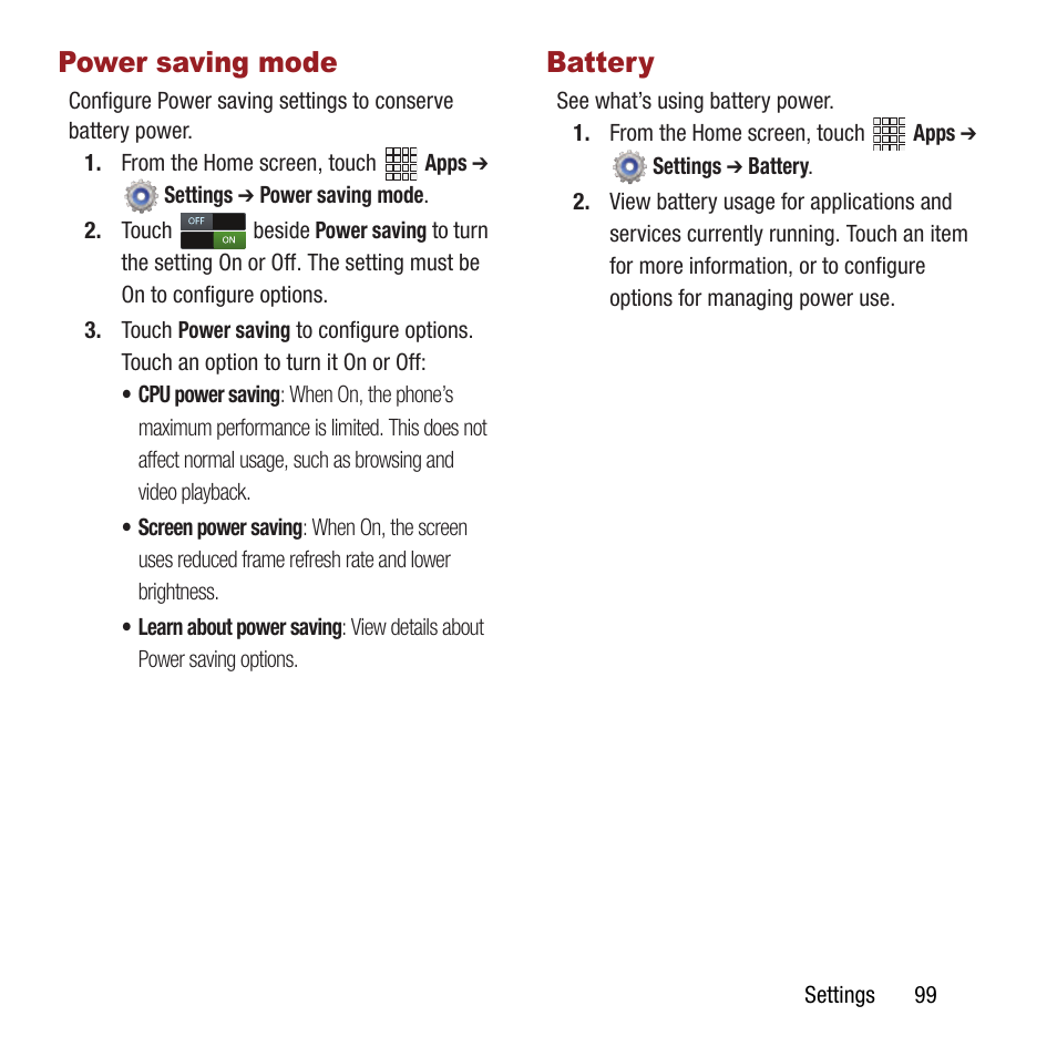Power saving mode, Battery, Power saving mode battery | Samsung SPH-L300ZSAVMU User Manual | Page 103 / 161