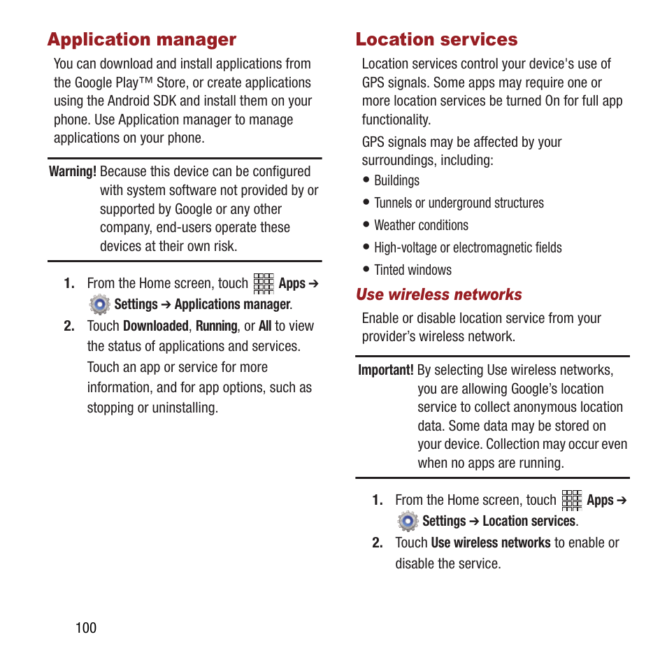 Application manager, Location services, Application manager location services | Samsung SPH-L300ZSAVMU User Manual | Page 104 / 161