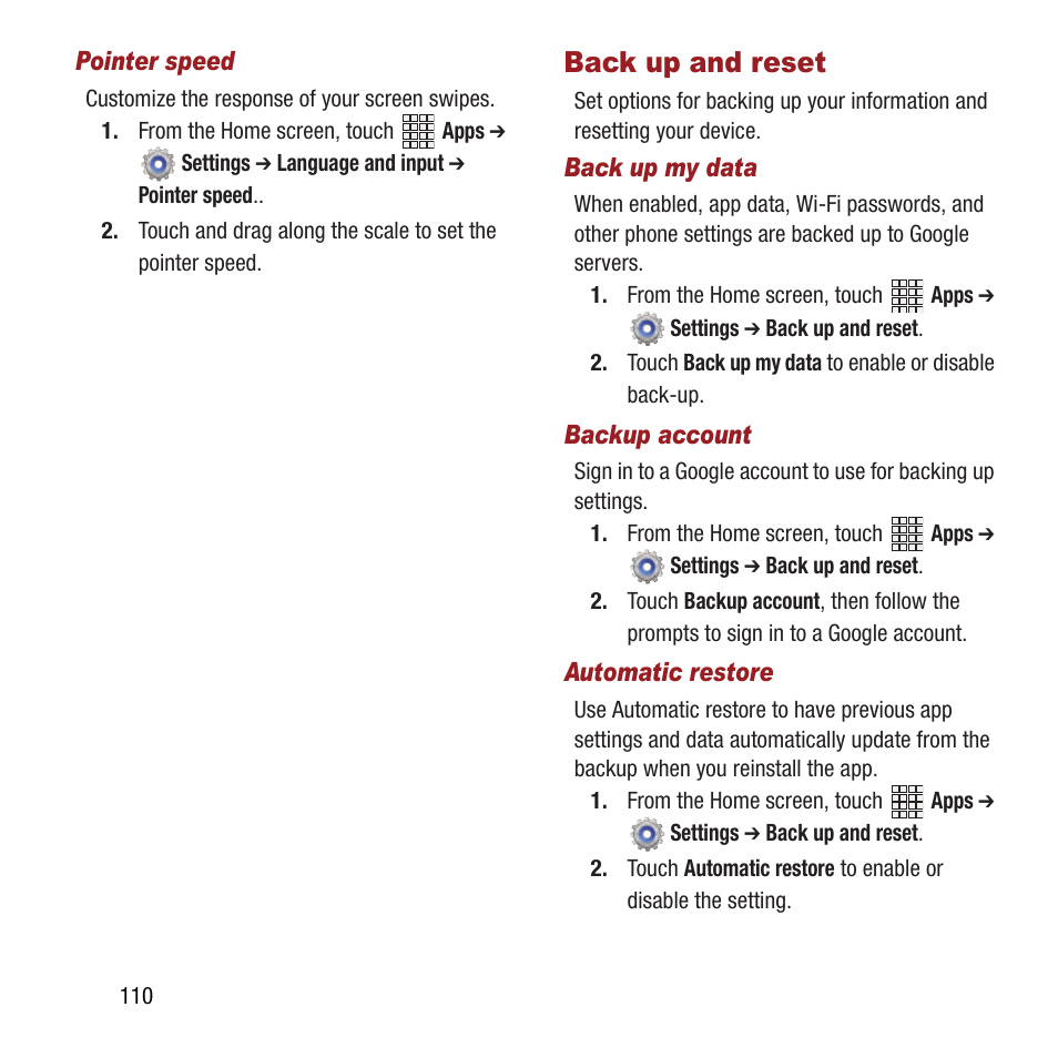 Back up and reset | Samsung SPH-L300ZSAVMU User Manual | Page 114 / 161