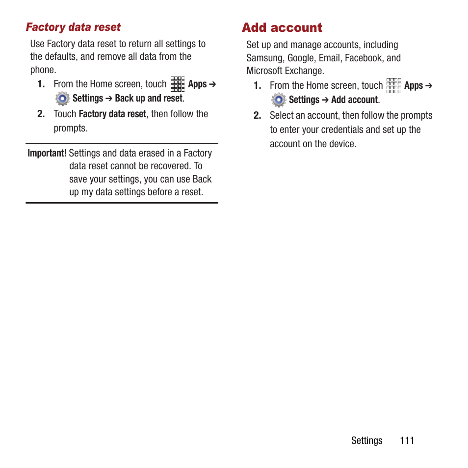 Add account | Samsung SPH-L300ZSAVMU User Manual | Page 115 / 161