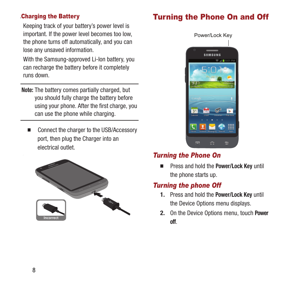 Turning the phone on and off, Turning the phone on, Turning the phone off | Samsung SPH-L300ZSAVMU User Manual | Page 12 / 161