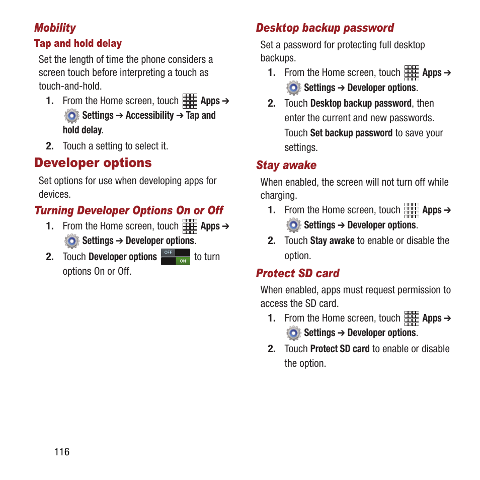 Developer options | Samsung SPH-L300ZSAVMU User Manual | Page 120 / 161