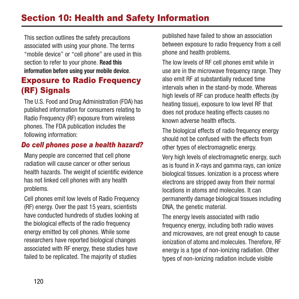 Section 10: health and safety information, Exposure to radio frequency (rf) signals, Exposure to radio frequency | Rf) signals | Samsung SPH-L300ZSAVMU User Manual | Page 124 / 161