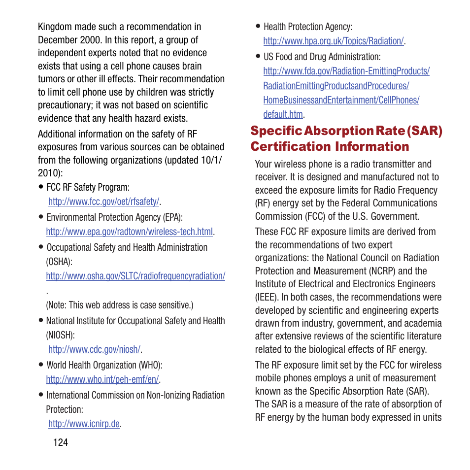 Specific absorption rate, Sar) certification information | Samsung SPH-L300ZSAVMU User Manual | Page 128 / 161