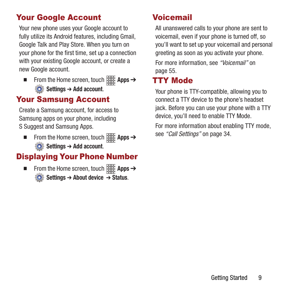 Your google account, Your samsung account, Displaying your phone number | Voicemail, Tty mode | Samsung SPH-L300ZSAVMU User Manual | Page 13 / 161