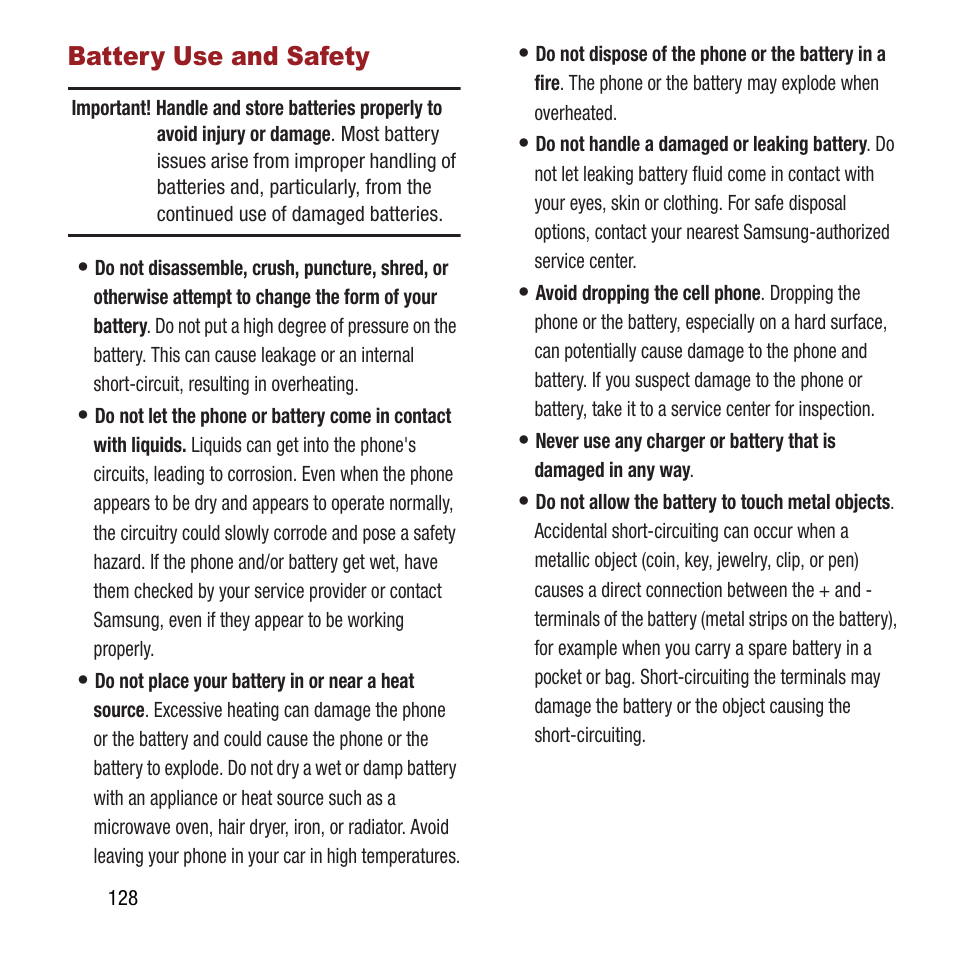 Battery use and safety | Samsung SPH-L300ZSAVMU User Manual | Page 132 / 161