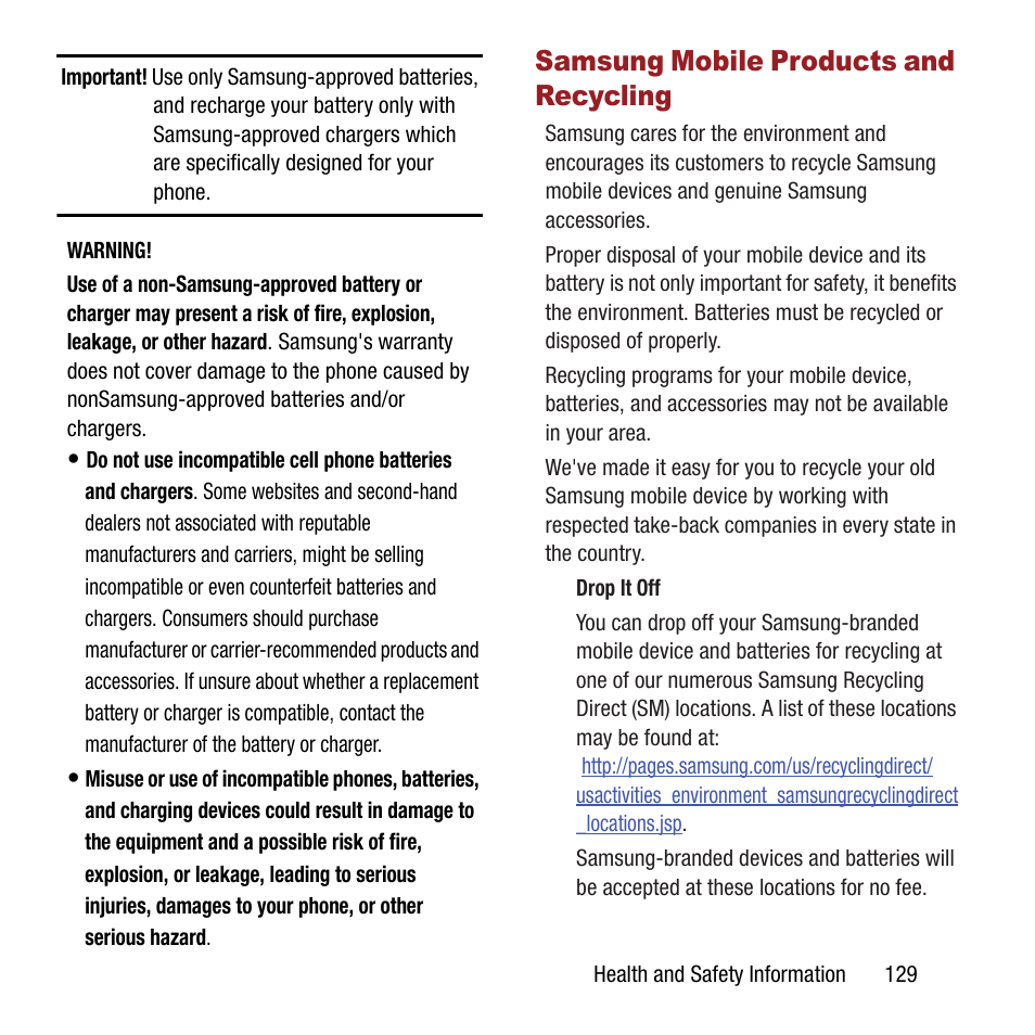 Samsung mobile products and recycling, Samsung mobile, Products and recycling | Samsung SPH-L300ZSAVMU User Manual | Page 133 / 161