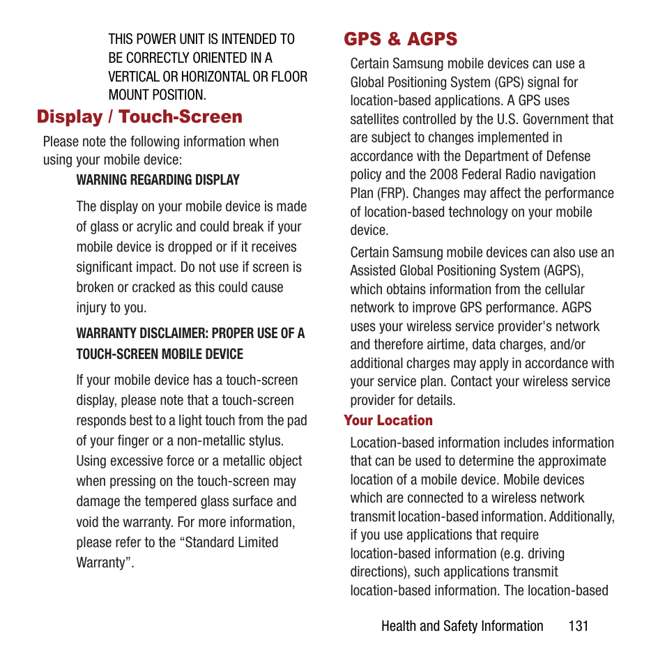 Display / touch-screen, Gps & agps, Display / touch-screen gps & agps | Samsung SPH-L300ZSAVMU User Manual | Page 135 / 161