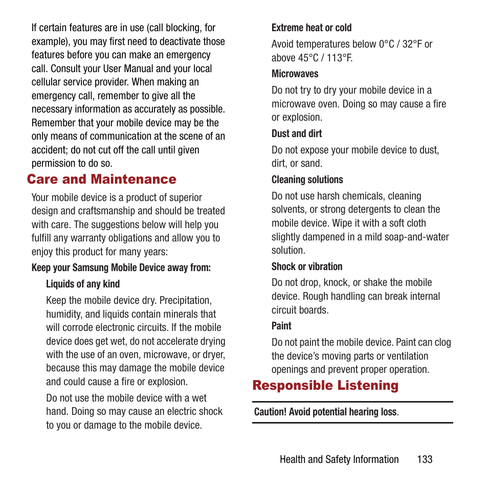 Care and maintenance, Responsible listening, Care and maintenance responsible listening | Samsung SPH-L300ZSAVMU User Manual | Page 137 / 161