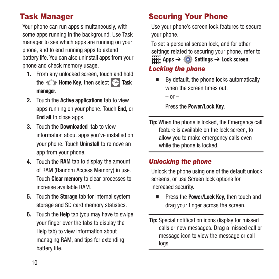 Task manager, Securing your phone, Task manager securing your phone | Samsung SPH-L300ZSAVMU User Manual | Page 14 / 161