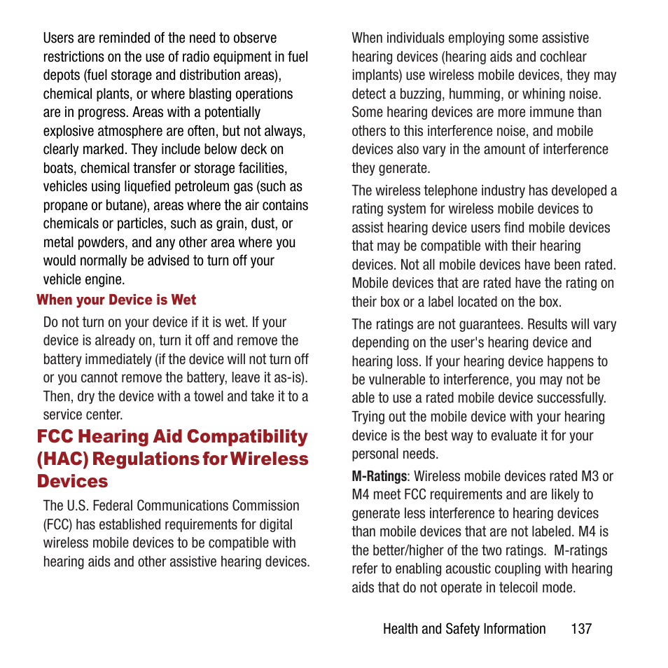 Fcc hearing aid compatibility (hac), Regulations for wireless devices | Samsung SPH-L300ZSAVMU User Manual | Page 141 / 161