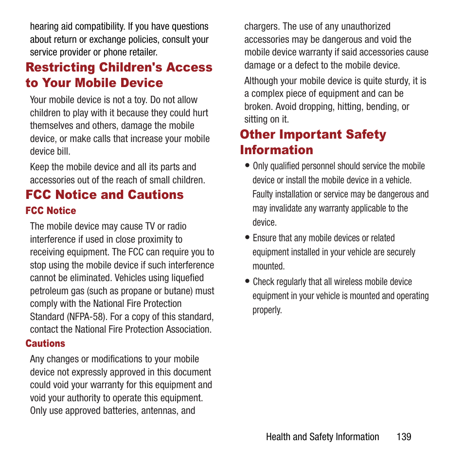 Fcc notice and cautions, Other important safety information, Restricting children's access | To your mobile device | Samsung SPH-L300ZSAVMU User Manual | Page 143 / 161