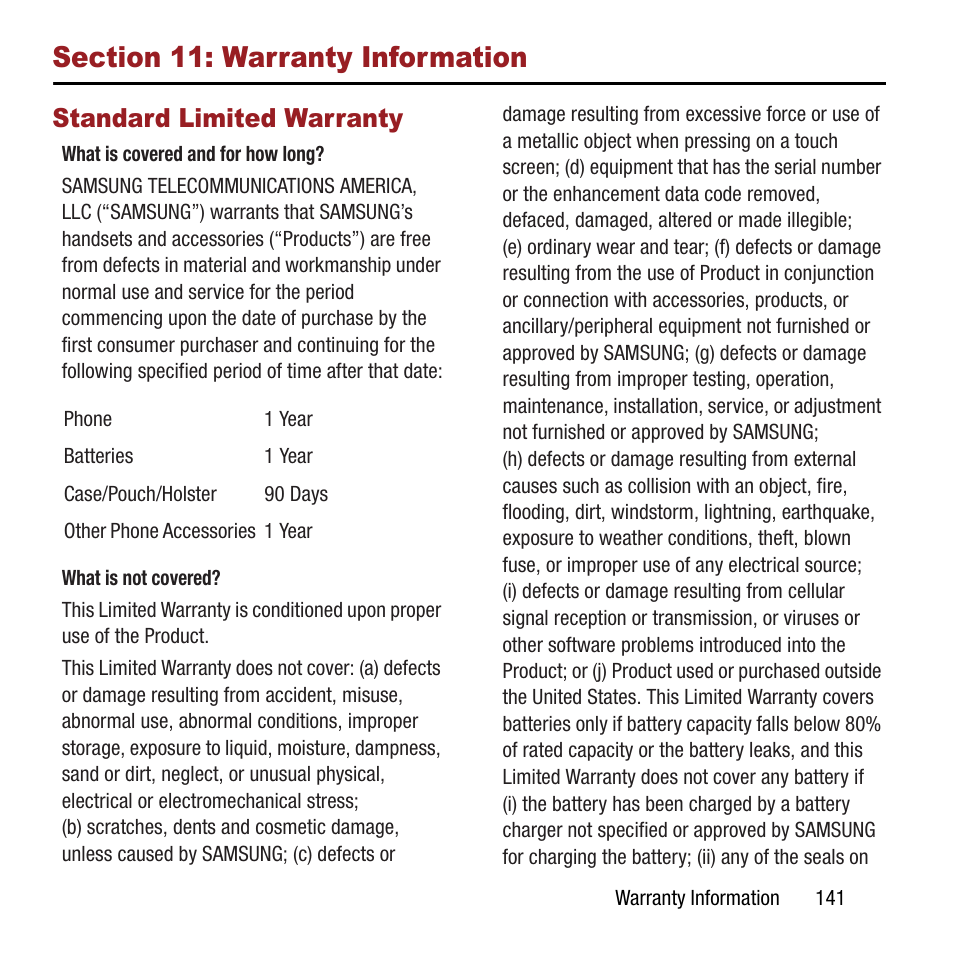 Section 11: warranty information, Standard limited warranty, Section 11: warranty information 141 | Samsung SPH-L300ZSAVMU User Manual | Page 145 / 161